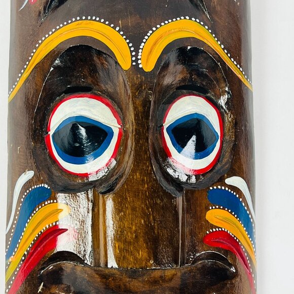 Hand Carved Vintage Wooden Hand Painted Tribal Art Deco Hanging Face 17" x 9" - Picture 2 of 8